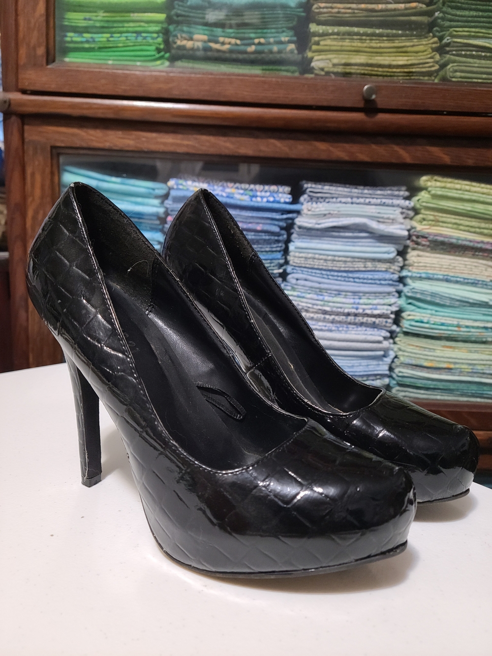 Black Croc-Embossed High Heel Pumps - Women